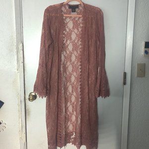 Dusty Pink Long Woven Cardigan with Flared Sleeves from Polly & Esther